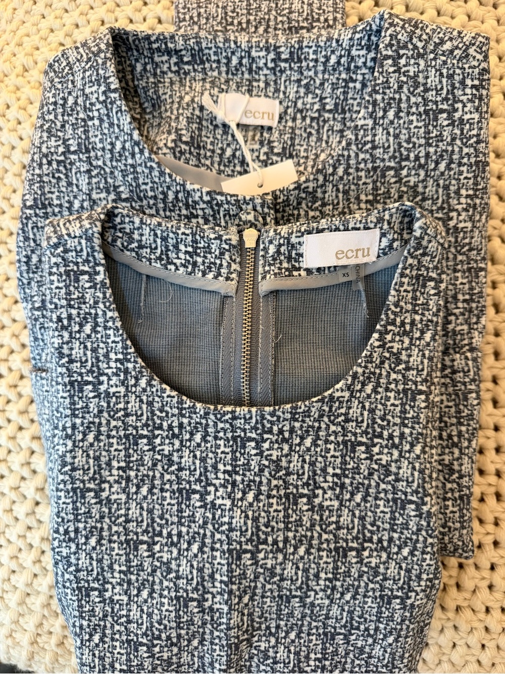ecru Blue and White Tweed Sheath tank and collarless jacket XS.